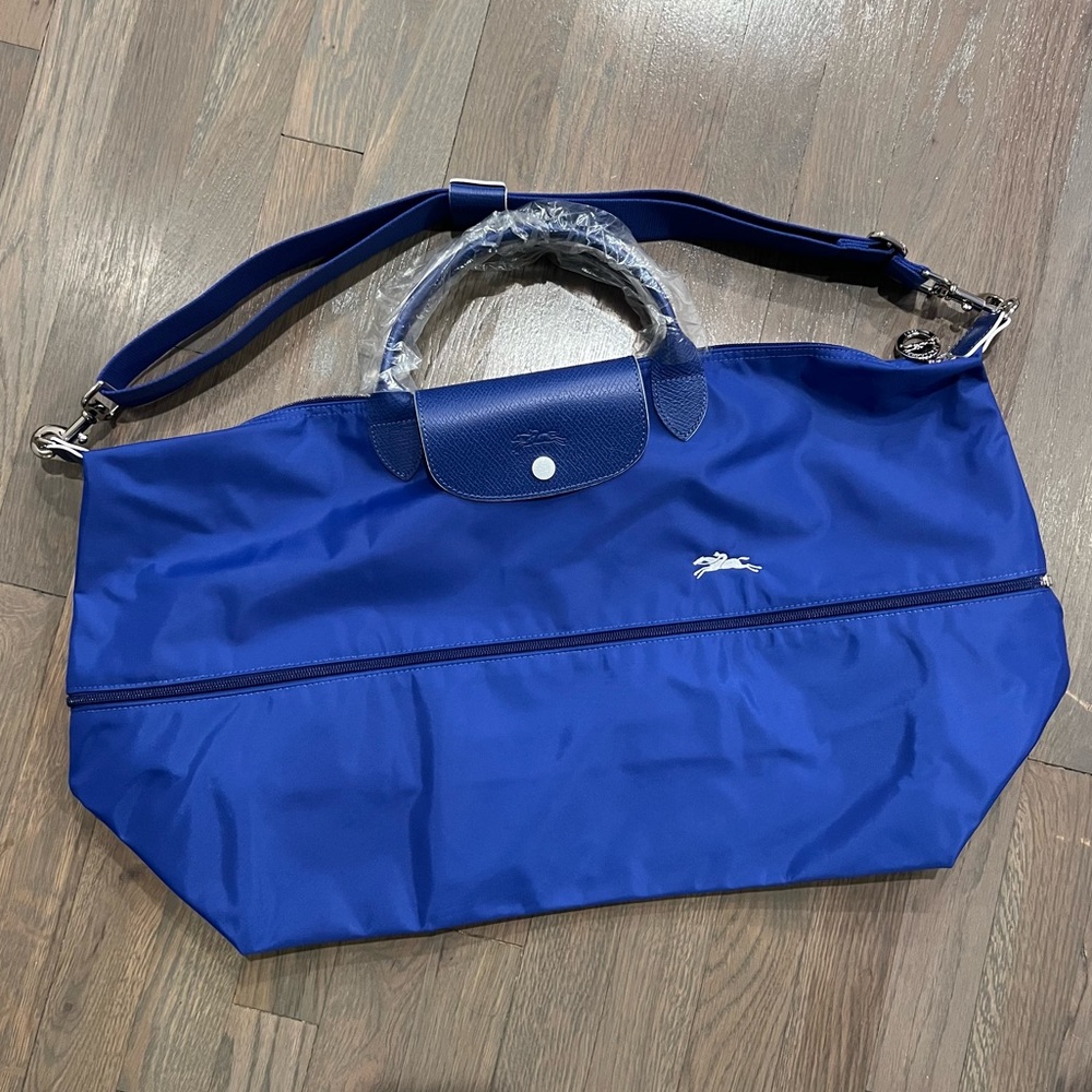 NWT Longchamp Cobalt Travel Weekender Bag Blue Duffel Expandable Paris New With